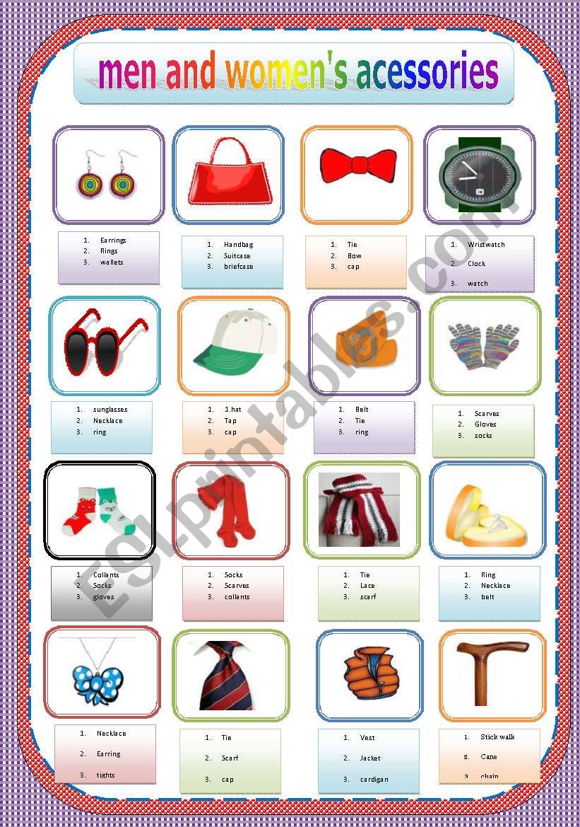 men and womens acessories worksheet