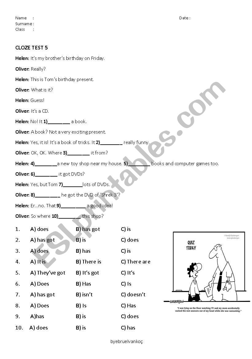 Cloze test worksheet
