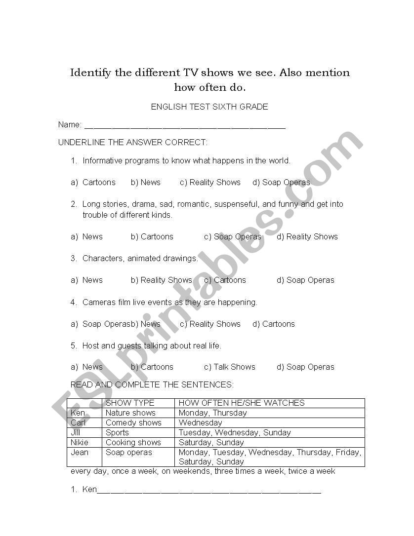 TV SHOWS worksheet