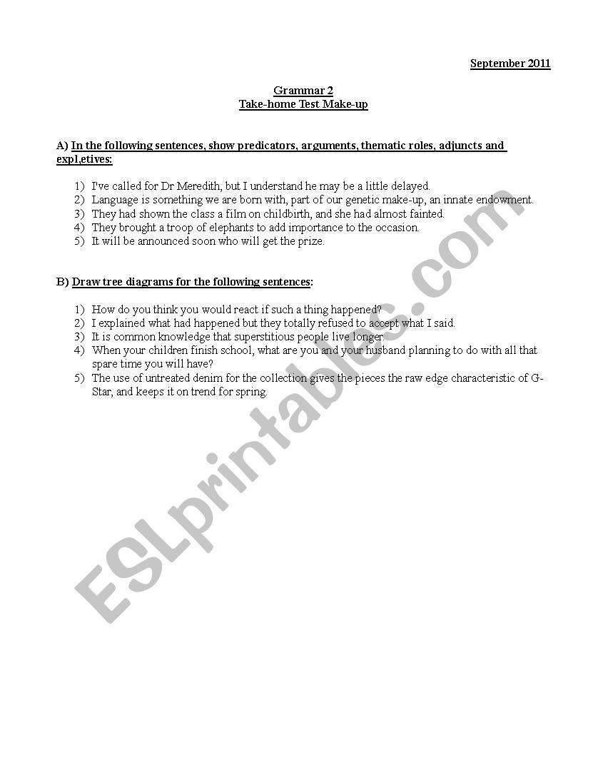 Grammar Take home test worksheet