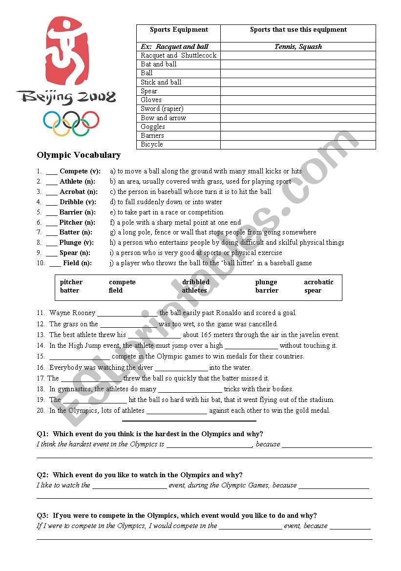 Bejing Olympics worksheet