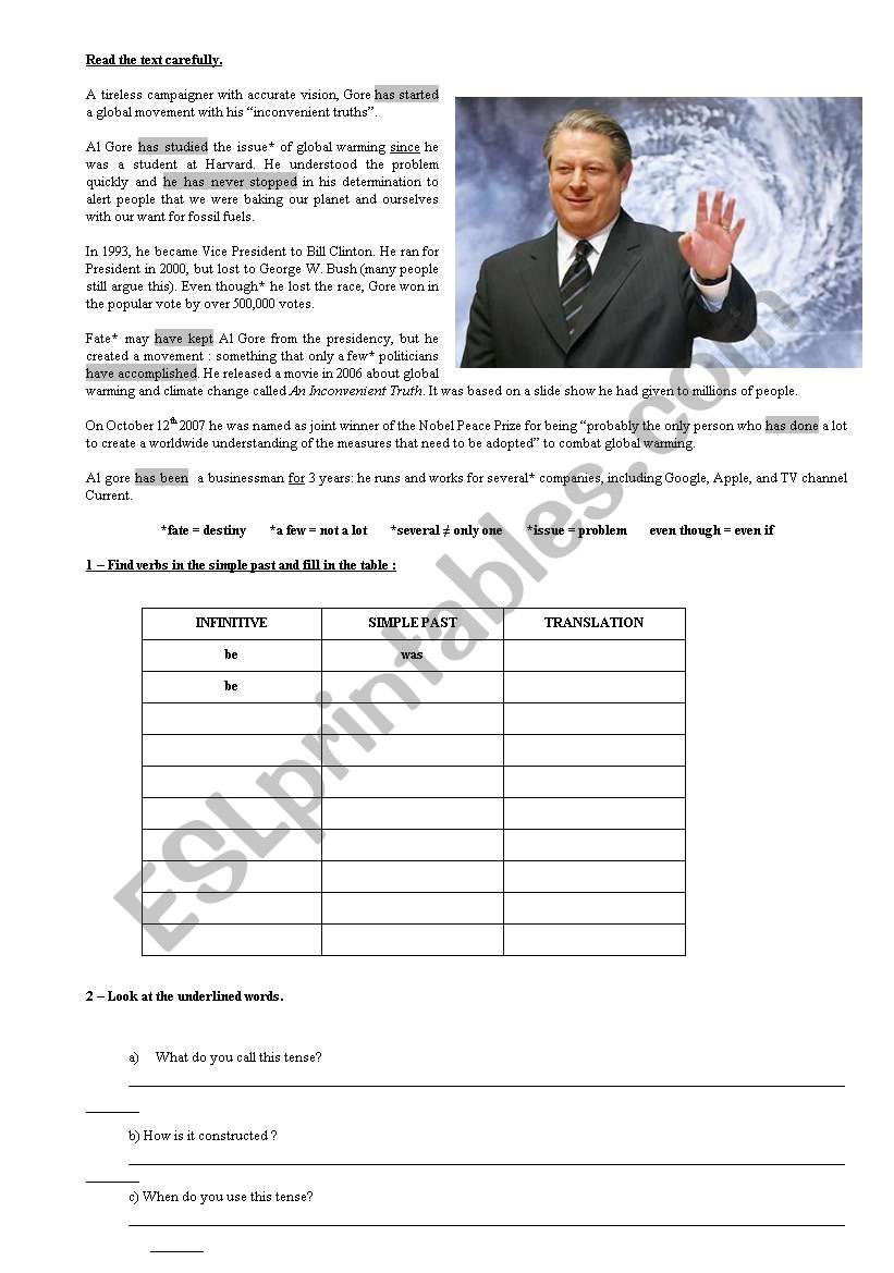 Inconvenient Truth - Al Gore short biography - Present perfect + simple past