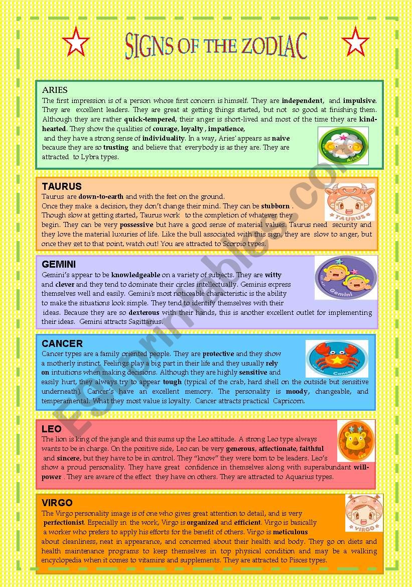 SIGNS OF THE ZODIAC worksheet