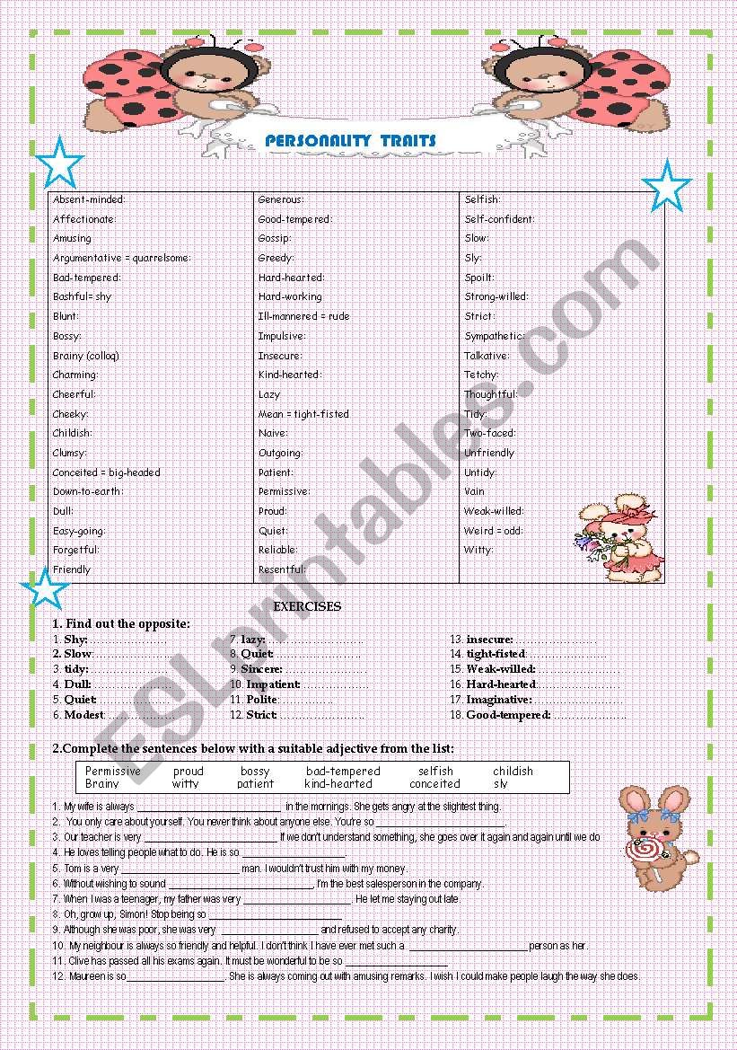 PERSONALITY TRAITS worksheet