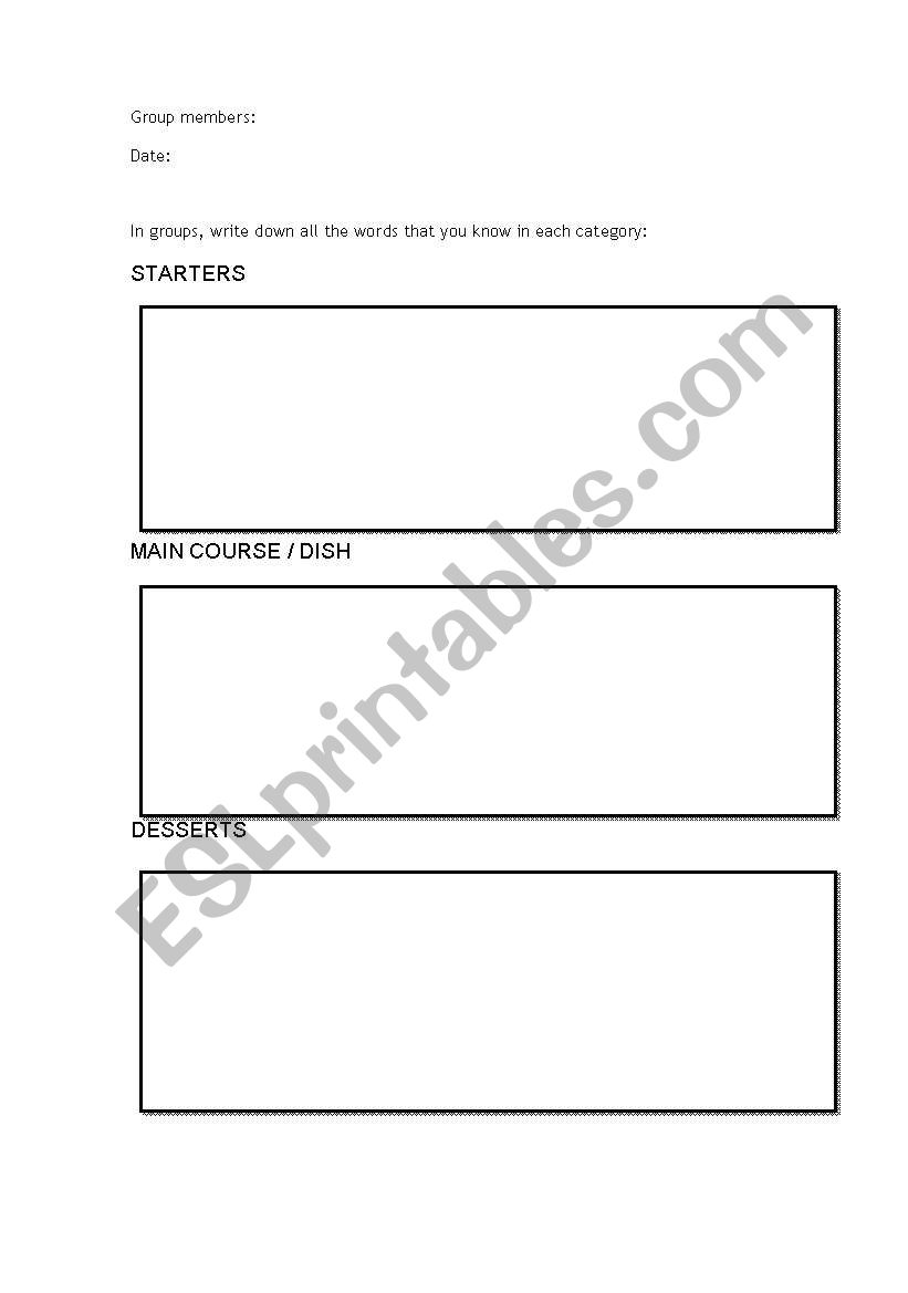 Food Vocabulary List worksheet