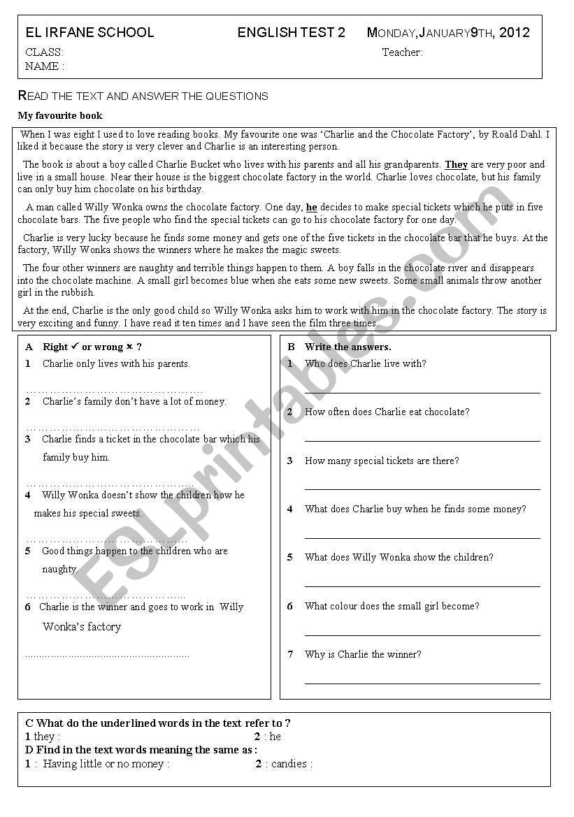 Reading Comprehension test worksheet