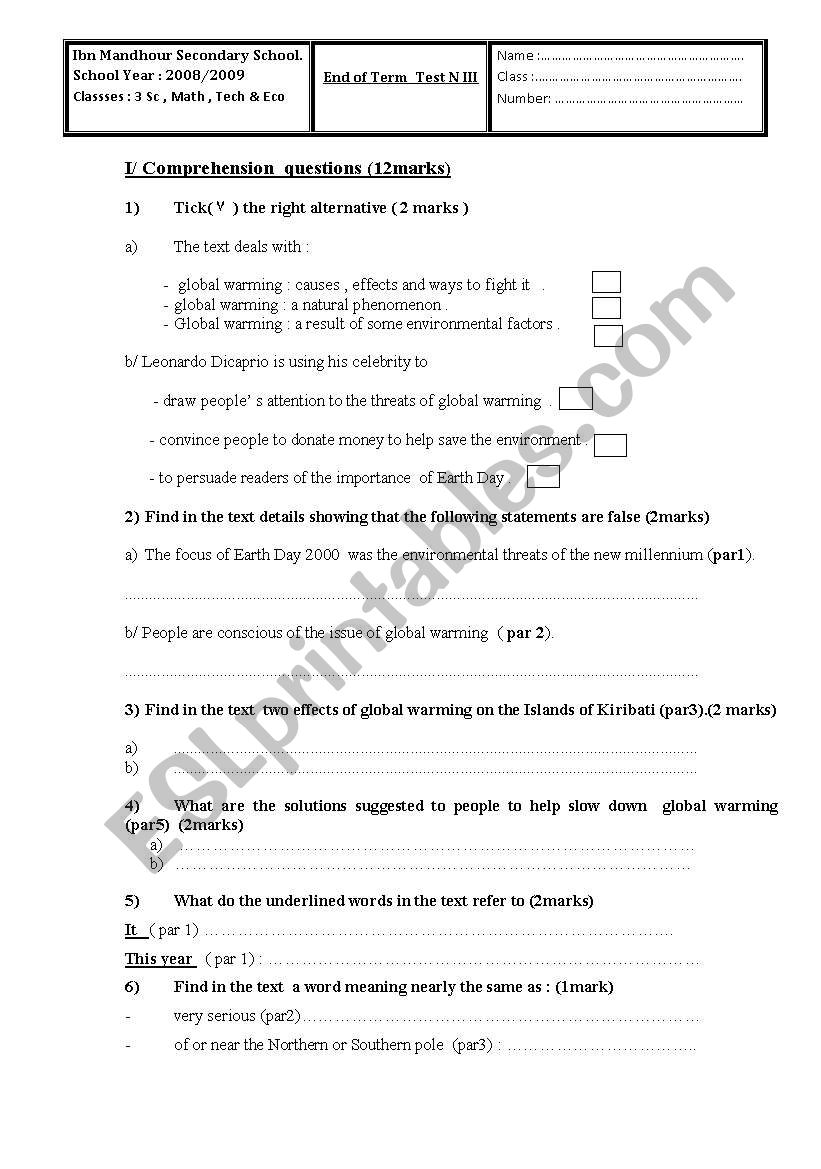 end of term test n3 for 3rd level  Tunisian students