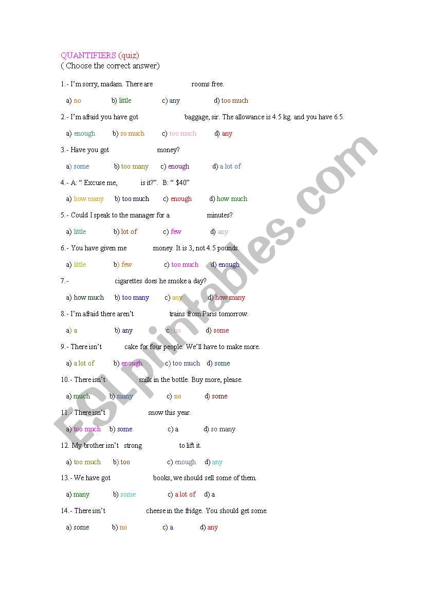 Quantifiers (quiz) worksheet