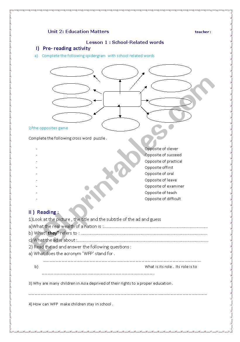 lesson plan of lesson 1 unit 2 education for 4th level 