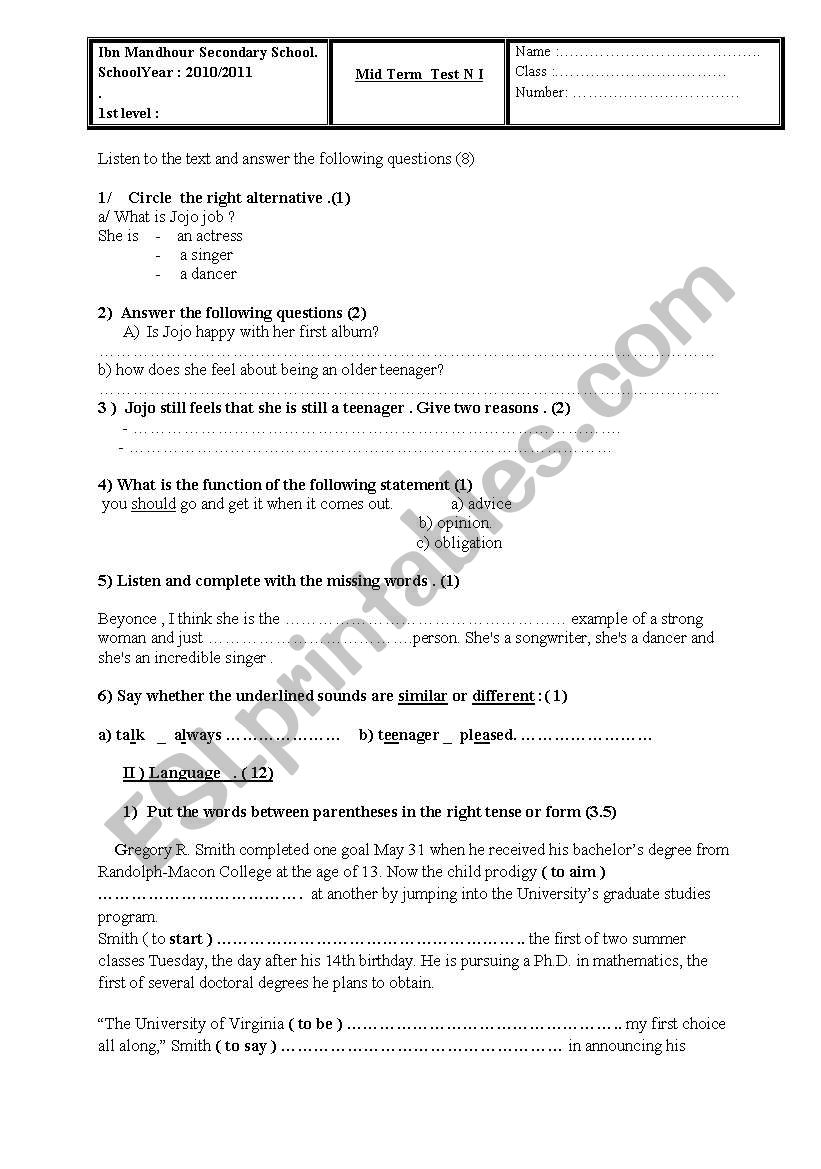 Mid-Term test 1 for 1st level worksheet