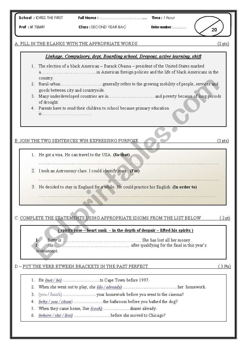 Second Year Bac Quiz  worksheet