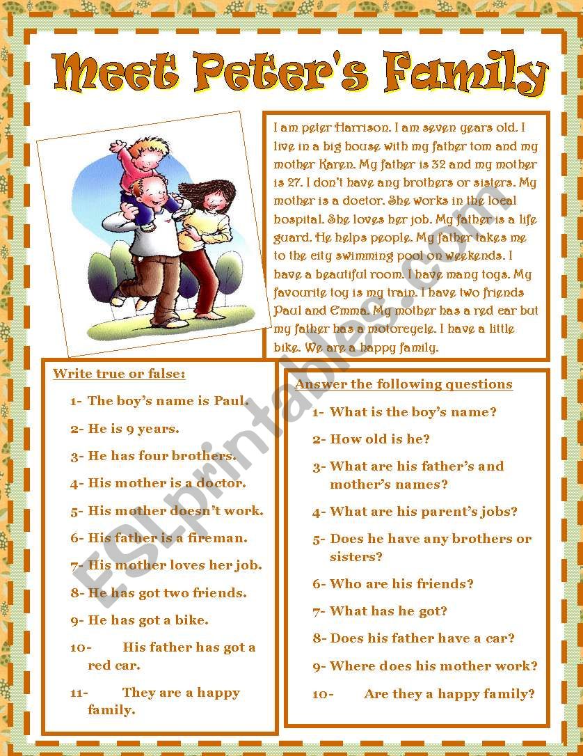 meet peterÂ´s family worksheet