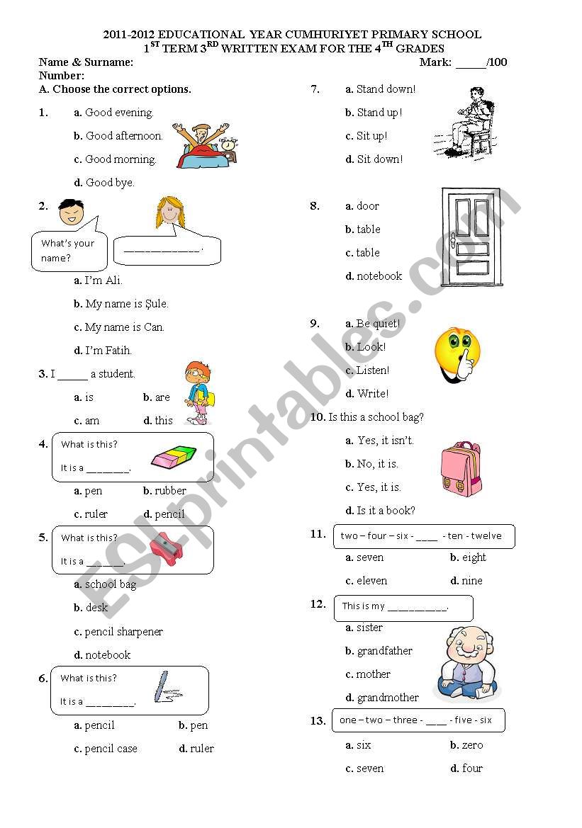 4th grades exam 3, page 1  worksheet