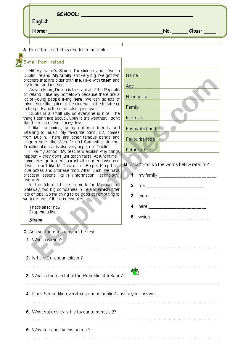 E-mail from Ireland worksheet