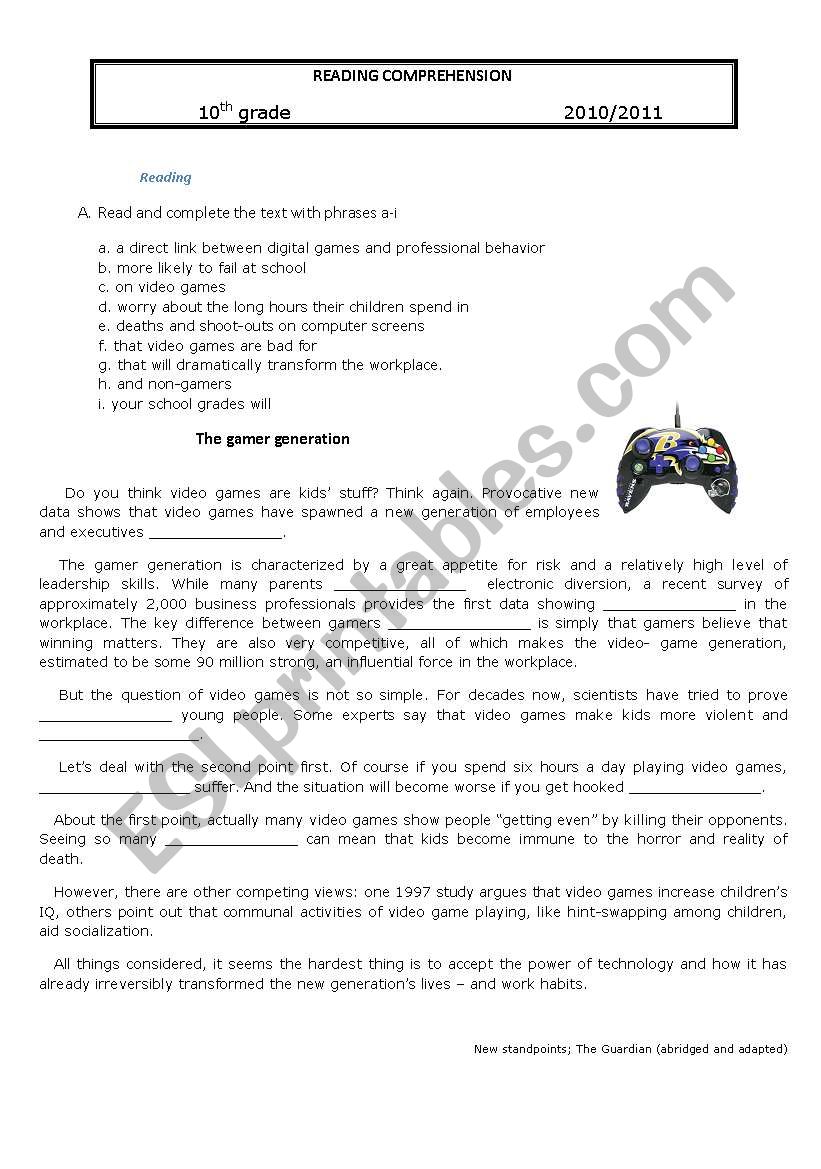 the gamer generation worksheet