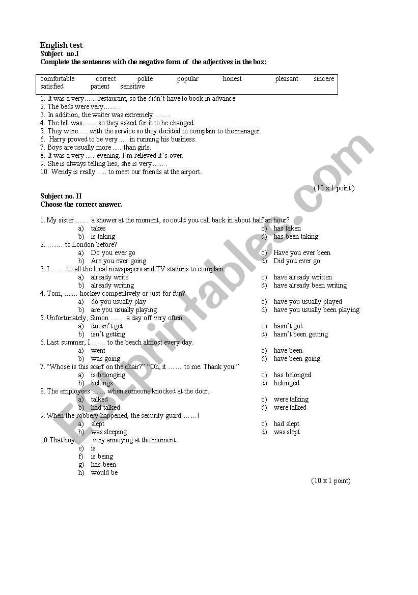 English Test worksheet