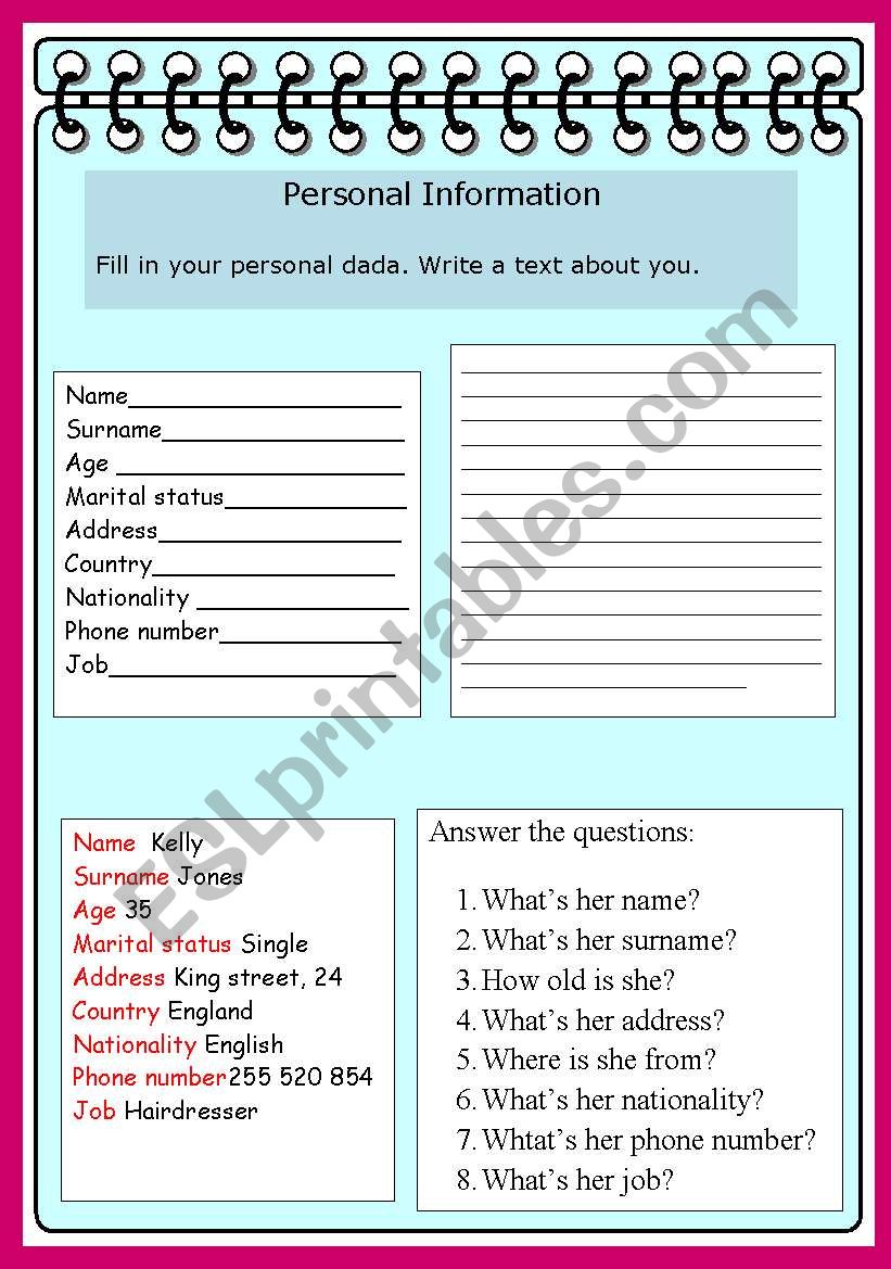 personal information worksheet