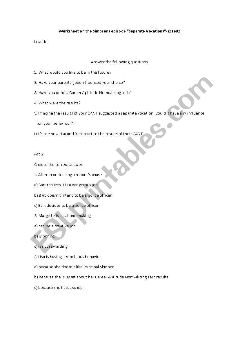 Worksheet on the Simpsons episode 