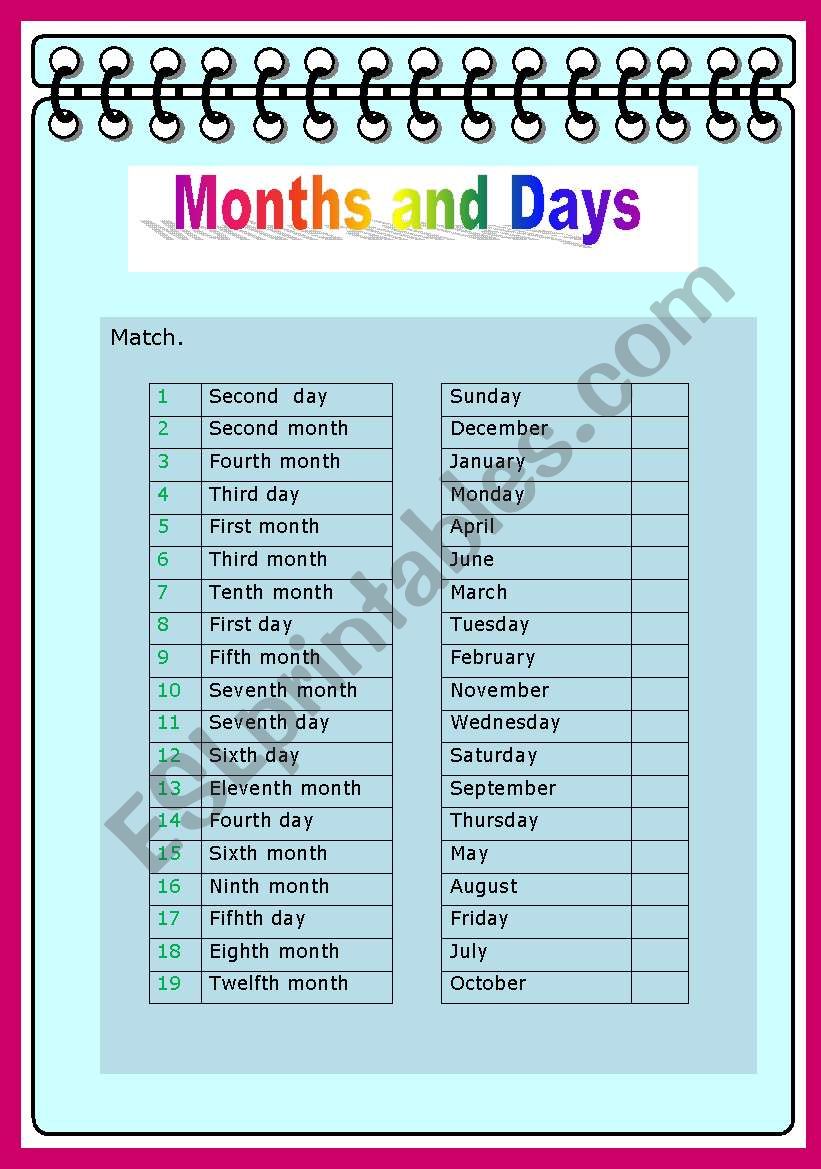 months and days worksheet