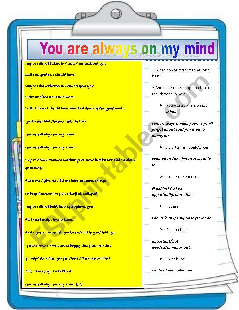 YOU ARE ALWAYS IN MY MIND worksheet