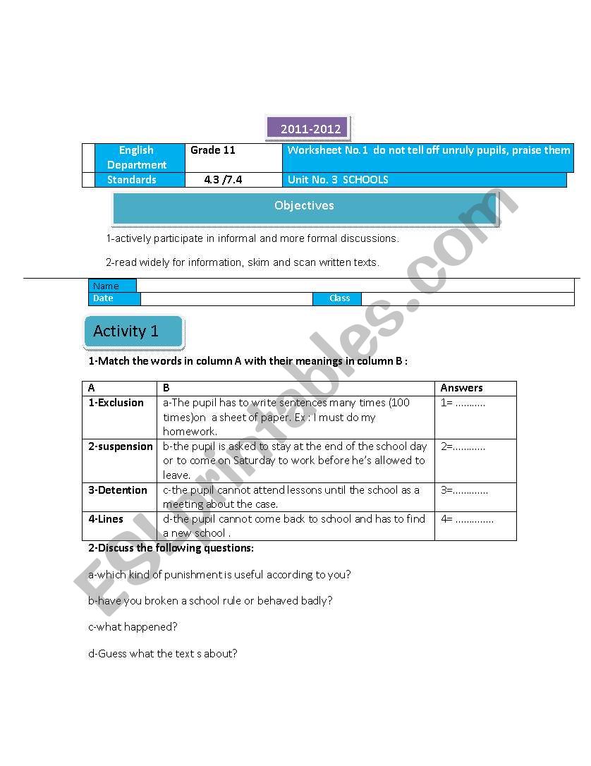 school rules worksheet