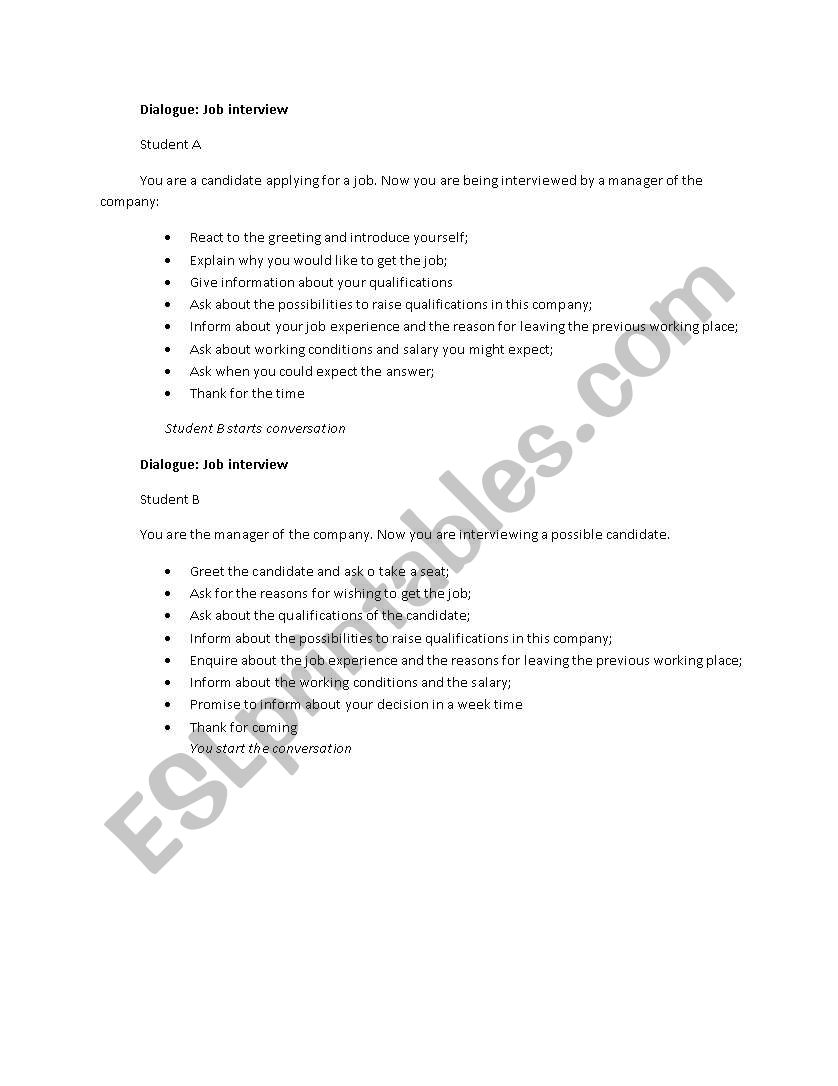 Roleplay : Job interview worksheet
