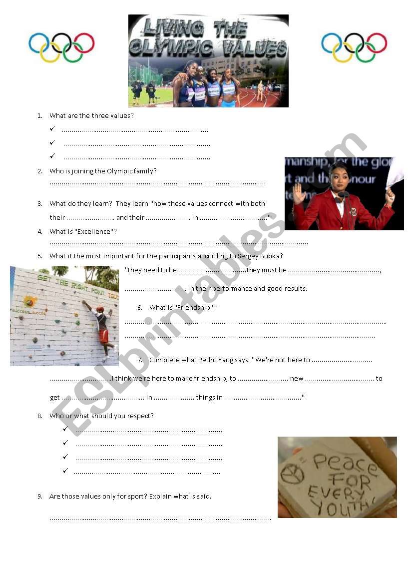 Olympic values worksheet