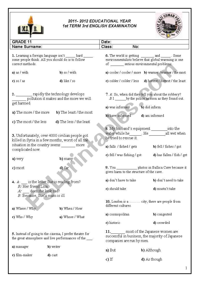 3rd Examination for Anatolian High School Grade 11 Students