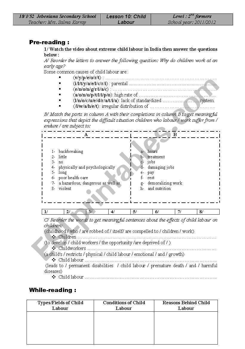 child labour worksheet