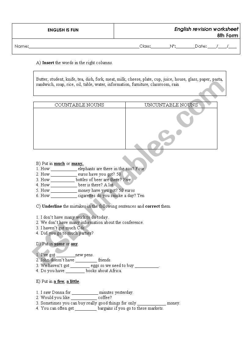 revision worksheet - 8th form worksheet