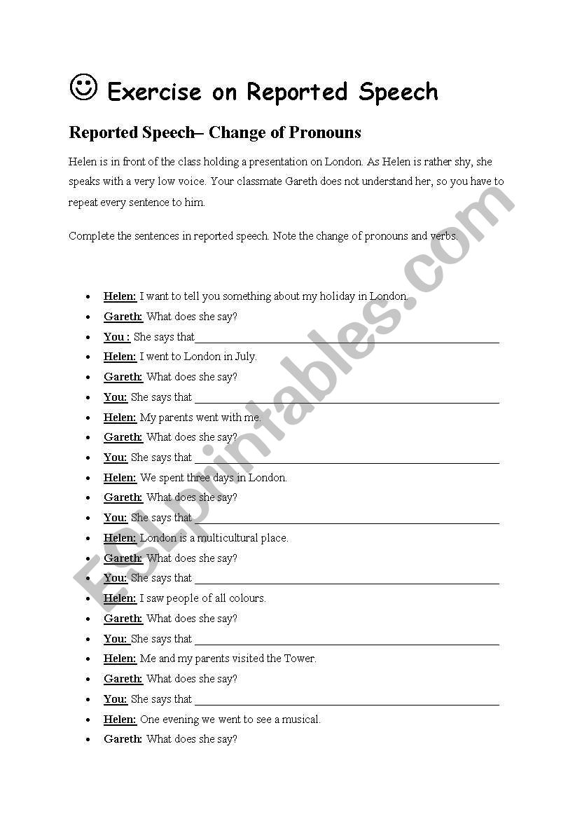 reported speech exercises worksheet