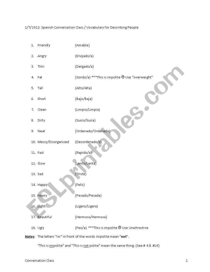 Describing People worksheet