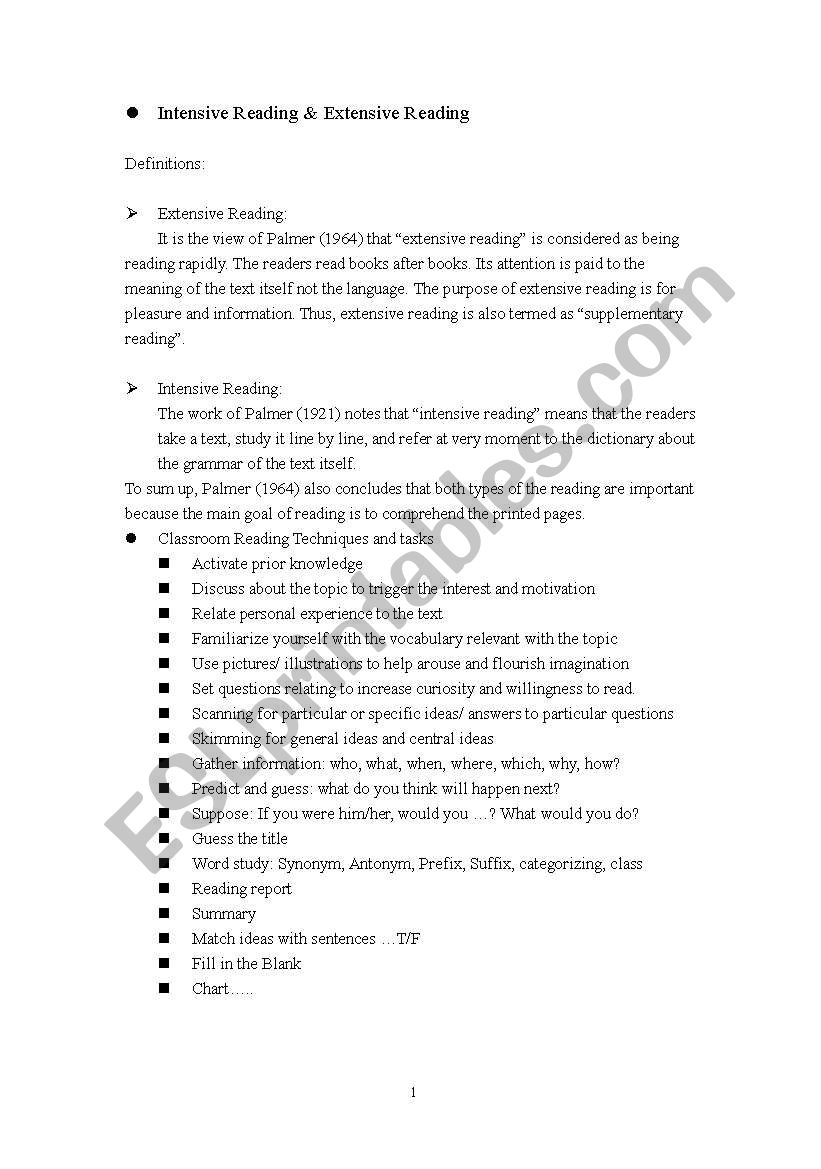 intensive reading worksheet