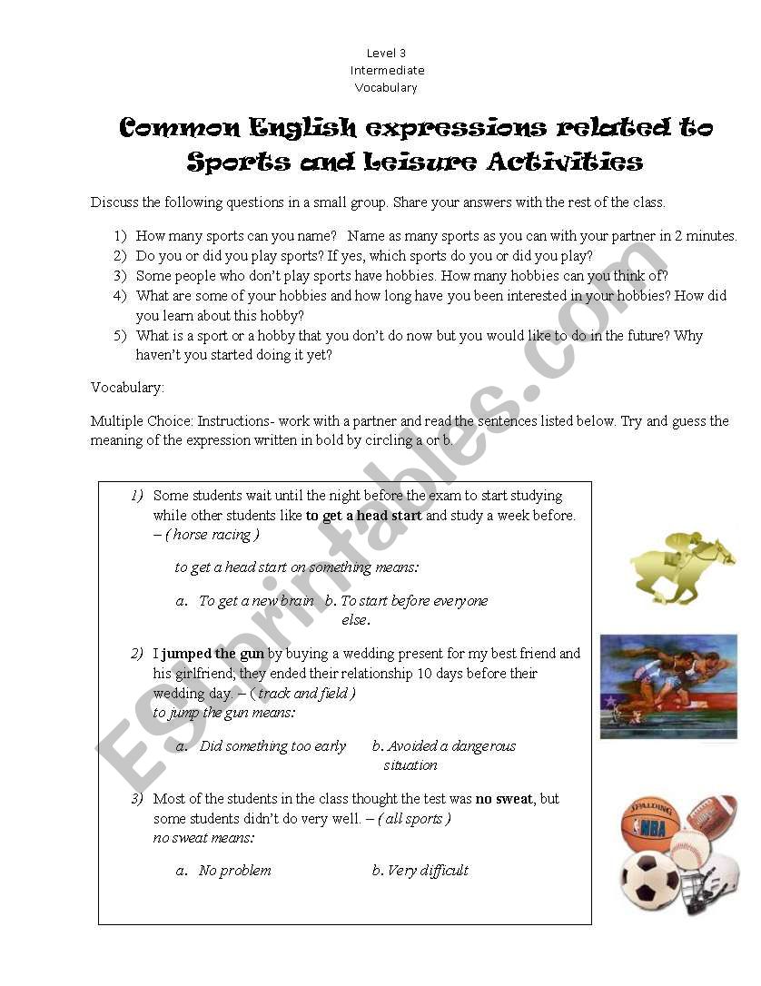 Sports and leisure activities worksheet