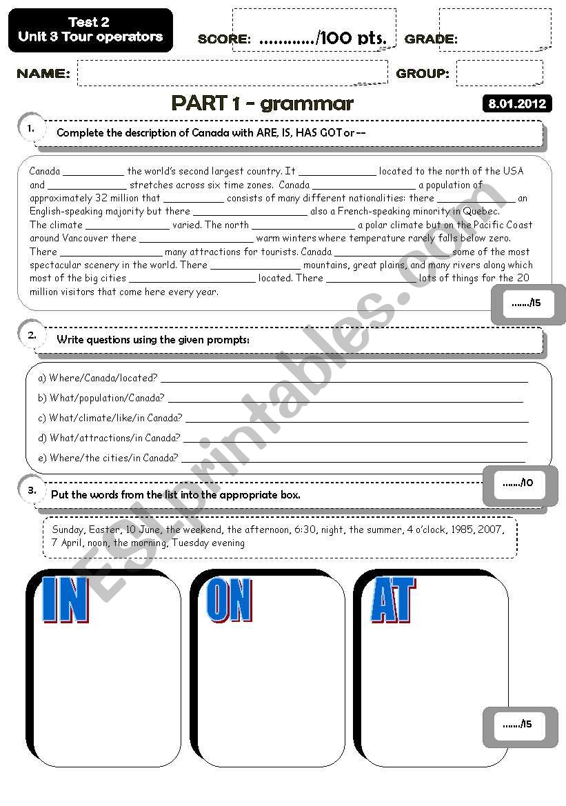 Tourism industry test worksheet