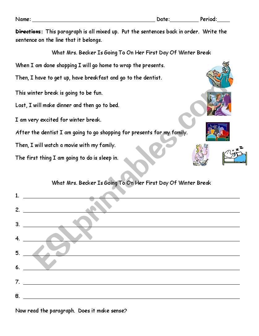 Sequencing paragraph - What the teacher will do on her winter break