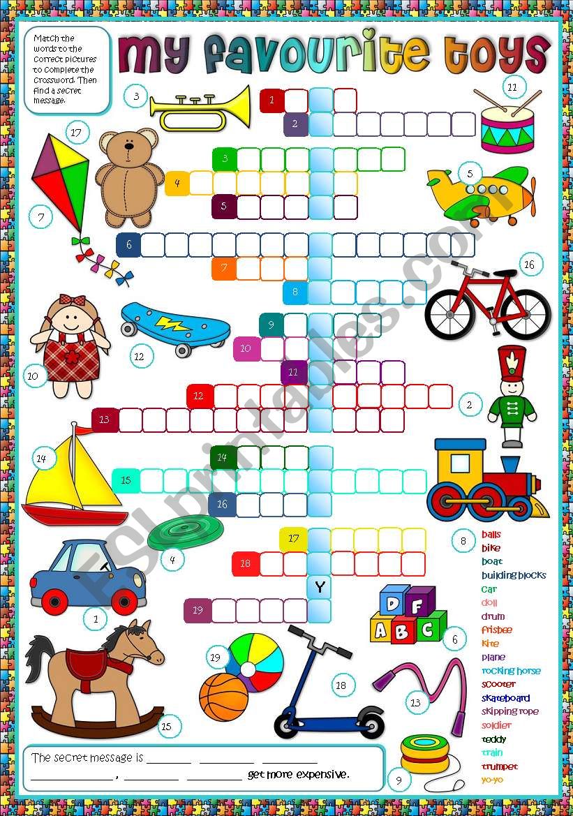 My favourite toys - crossword (Greyscale + KEY included)