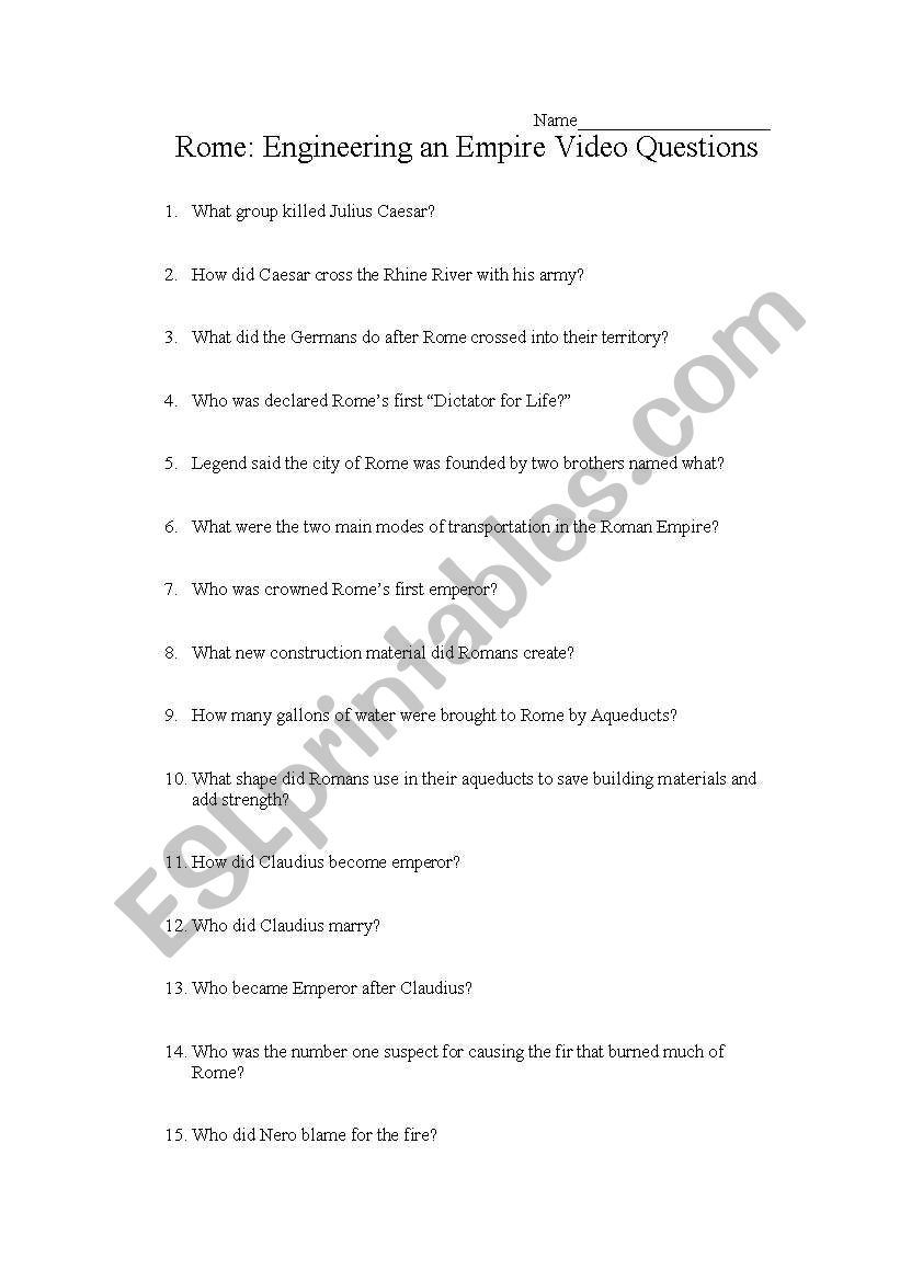 English Worksheets Engineering An Empire Rome Video Questions