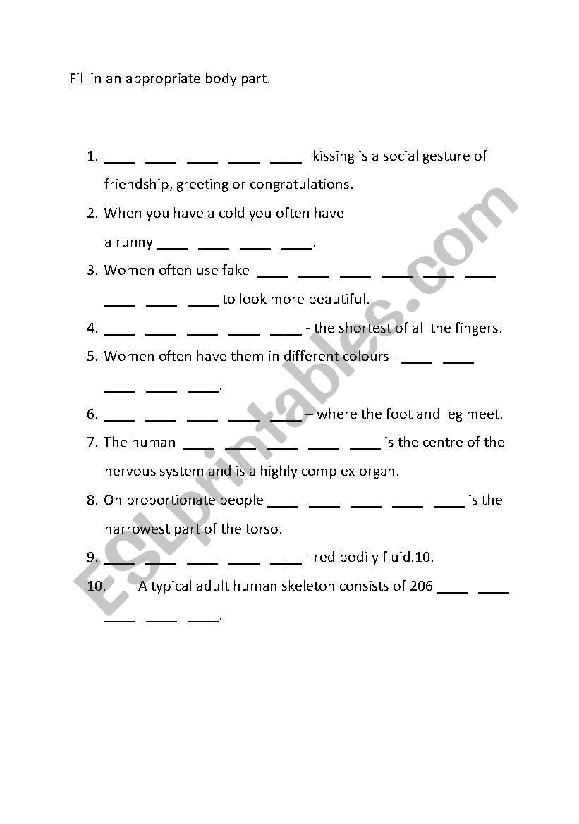 Body parts worksheet