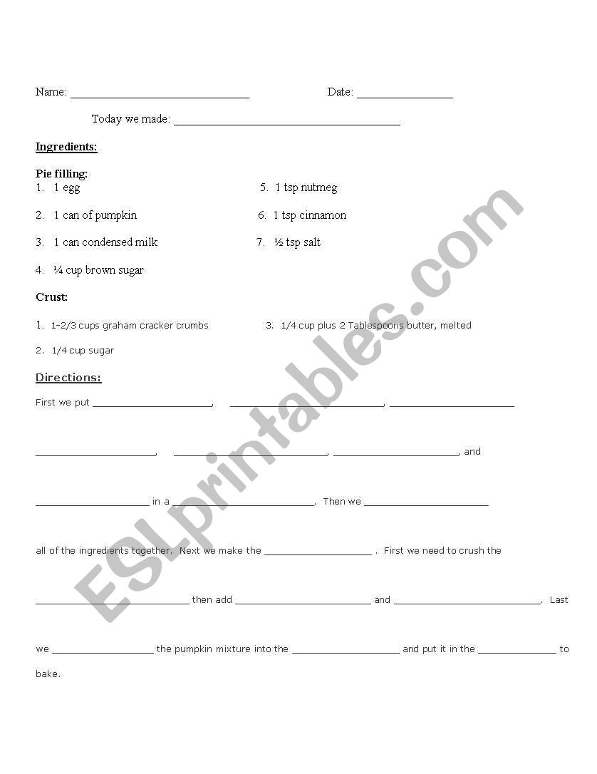 Pumpkin pie worksheet