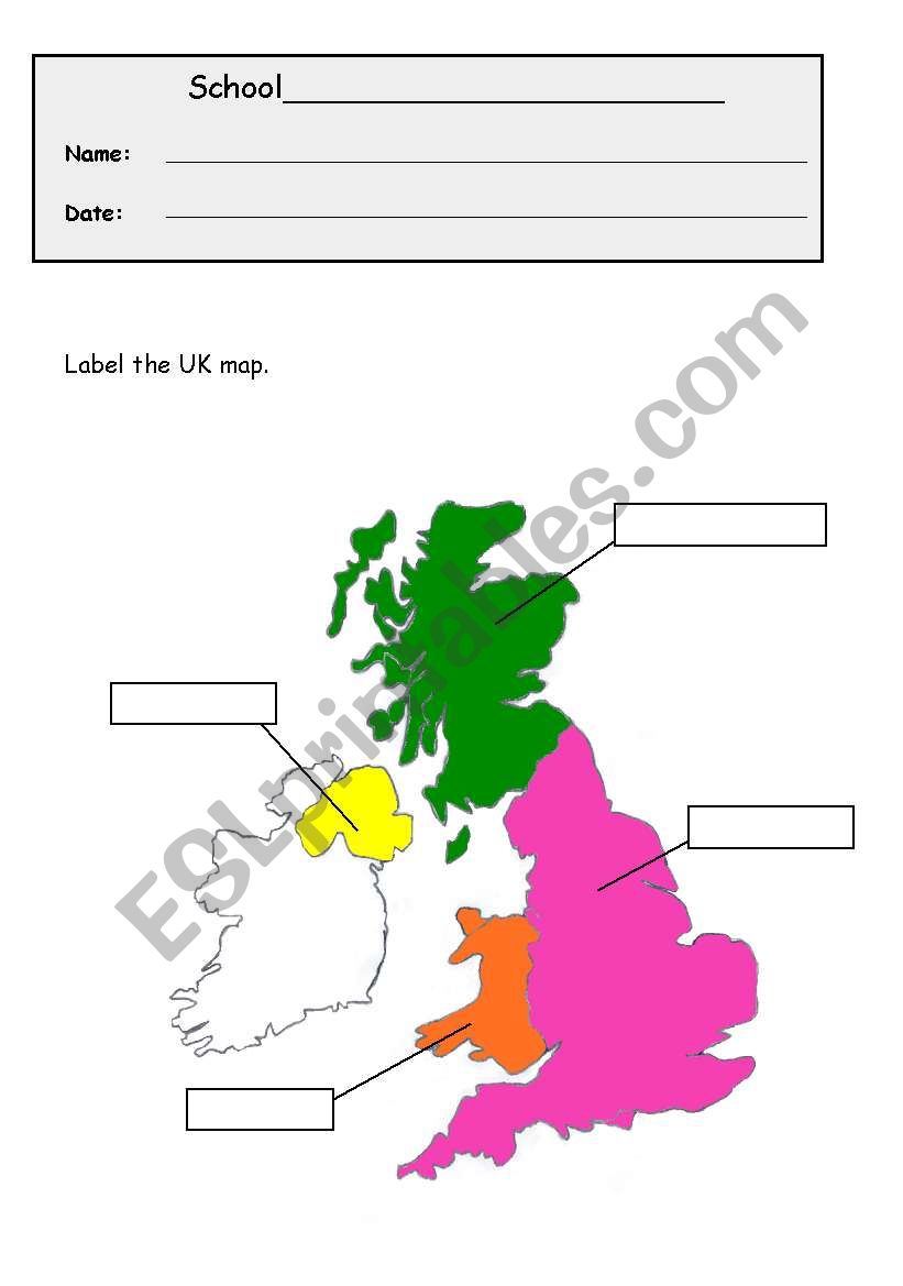 Map of the UK  to label worksheet