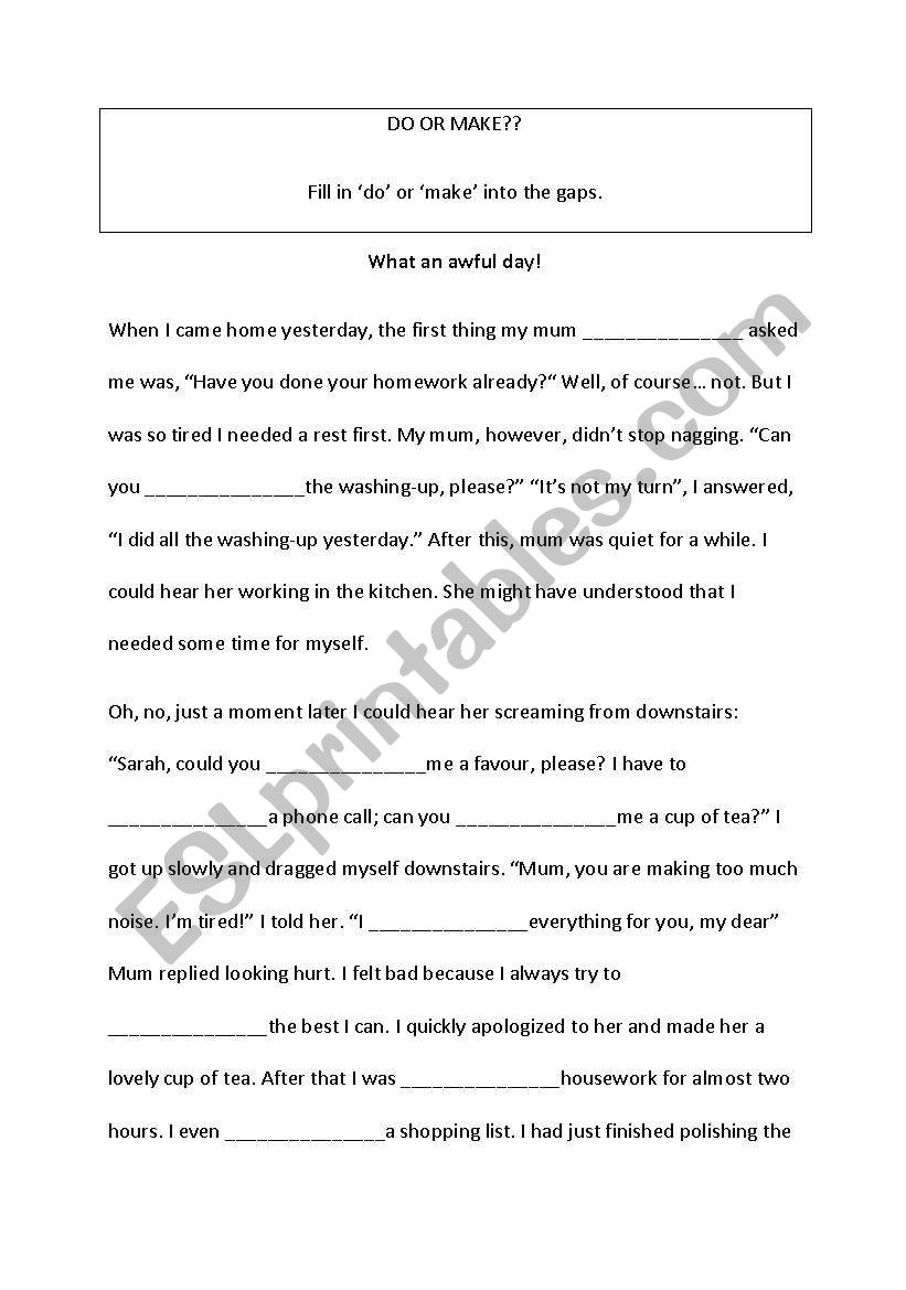 Do or make? What an awful day worksheet