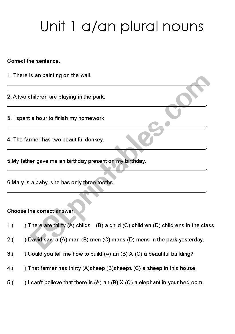 a/an plural nouns worksheet