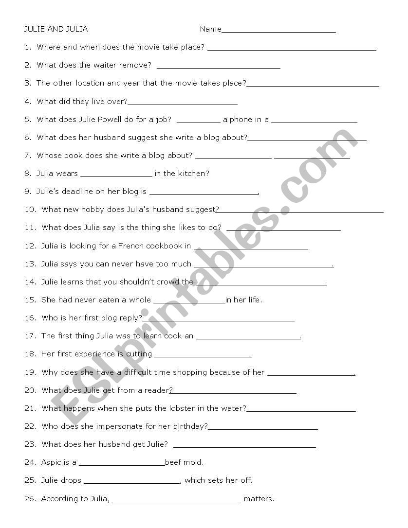 Julie and Julia worksheet