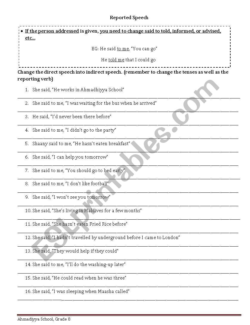 Reported Speech and Gerund worksheet