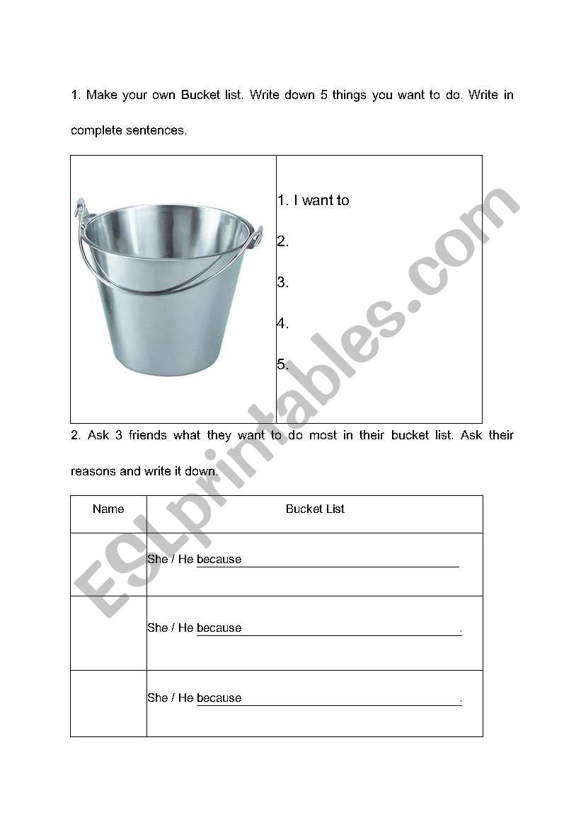 Bucket list activity worksheet