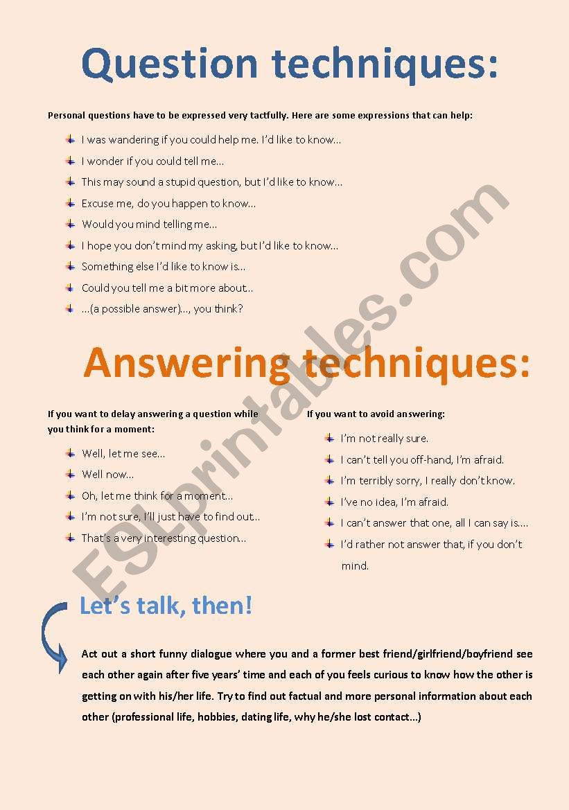 Question-Answer techniques worksheet