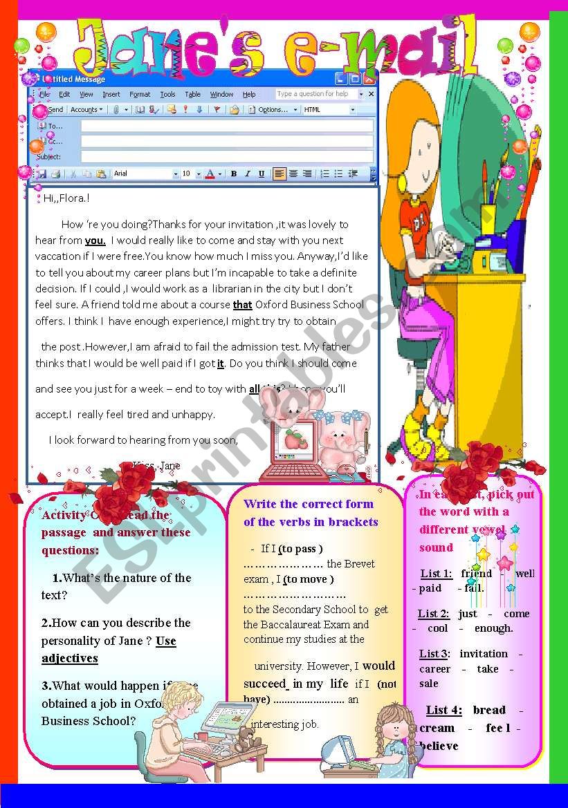 JaneÂ´s e-mail worksheet