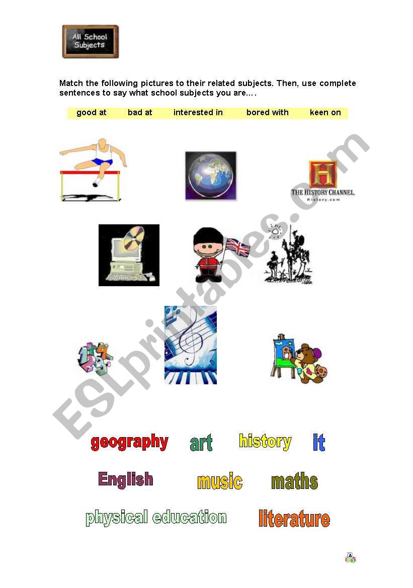 Scholl subjects worksheet