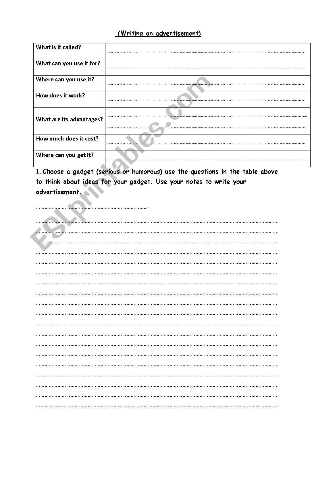 Advertisement worksheet